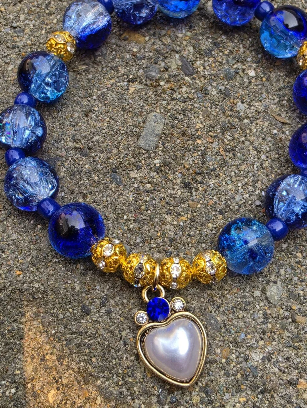 Blue Crackle Glass Bead Bracelet with Faux Pearl Heart Charm